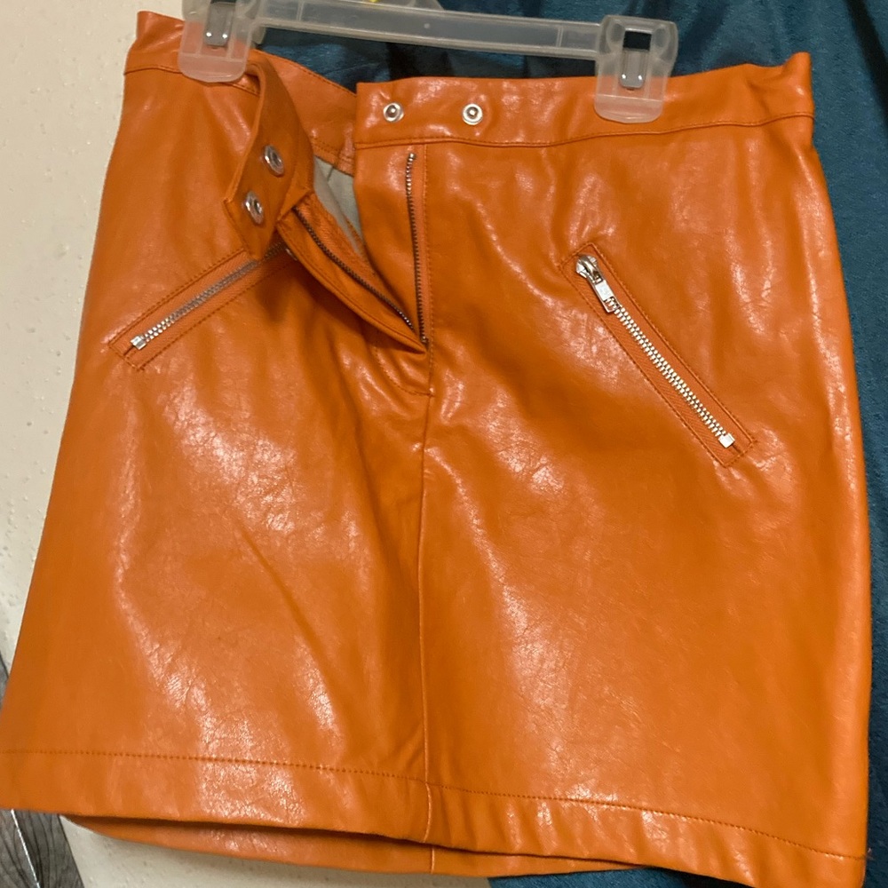 Orange Leather Retro zipper mini skirt
